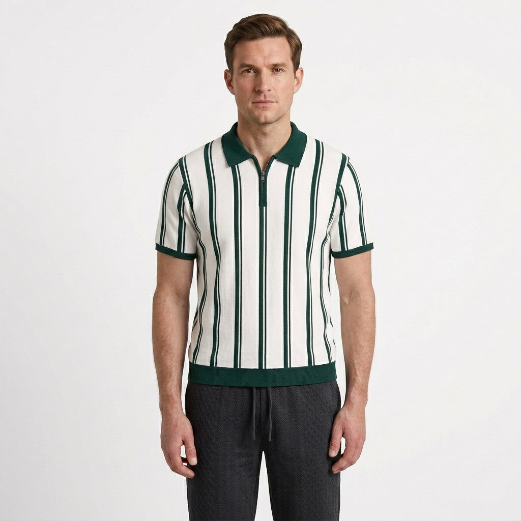 Retro Stripe Half Zip Polo For Men