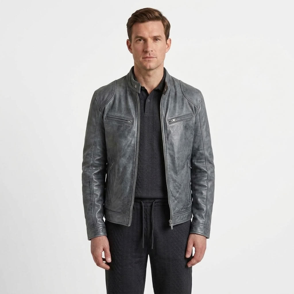 Zip-Up Biker Jacket With Pockets For Men