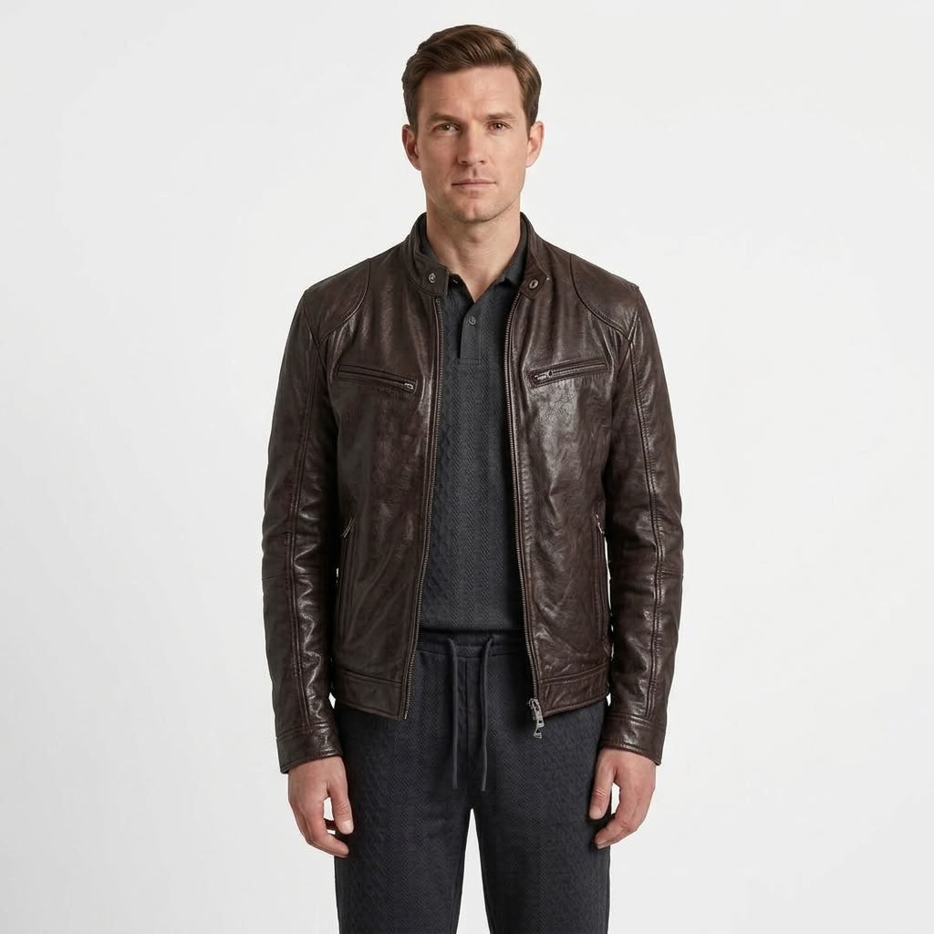 Zip-Up Biker Jacket With Pockets For Men