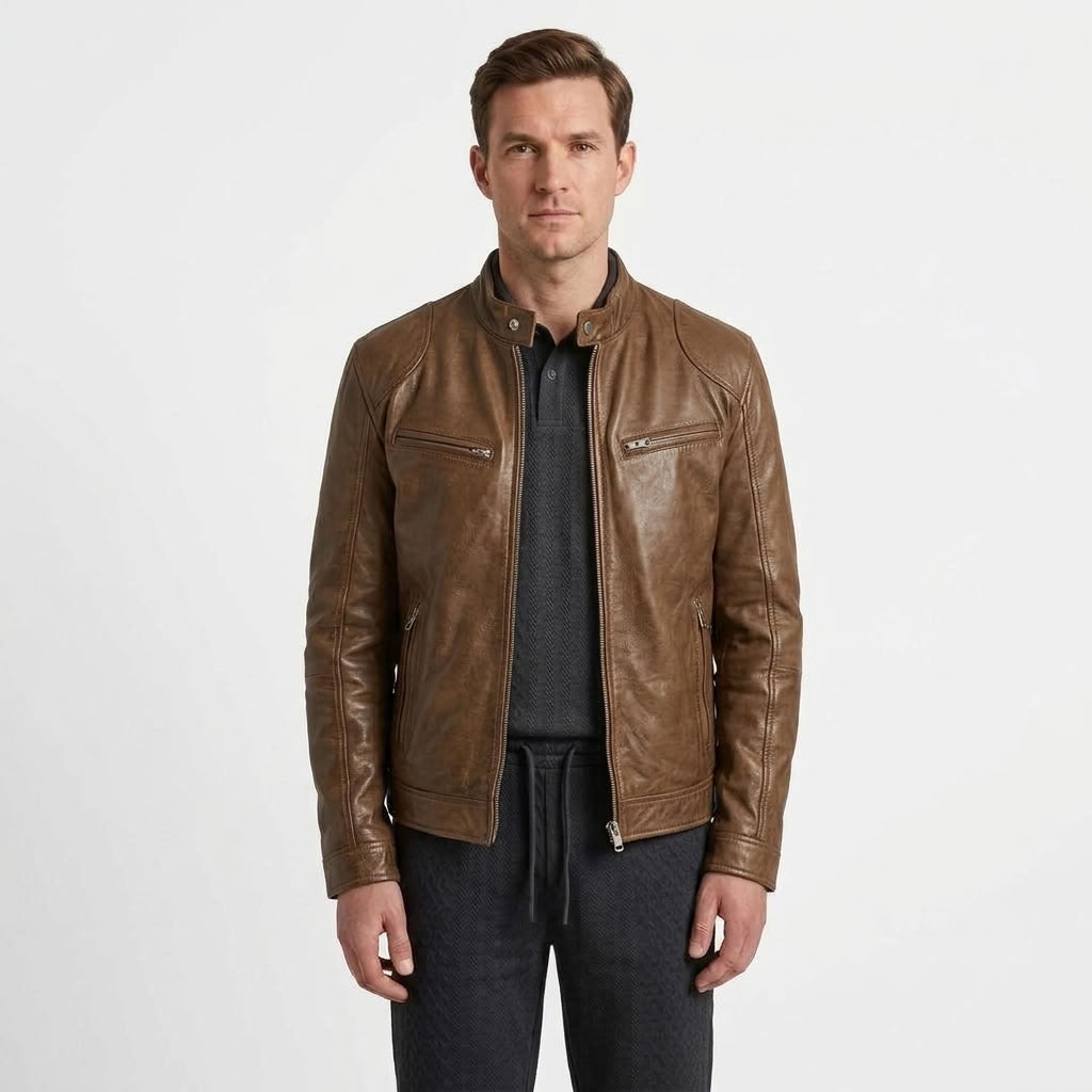 Zip-Up Biker Jacket With Pockets For Men