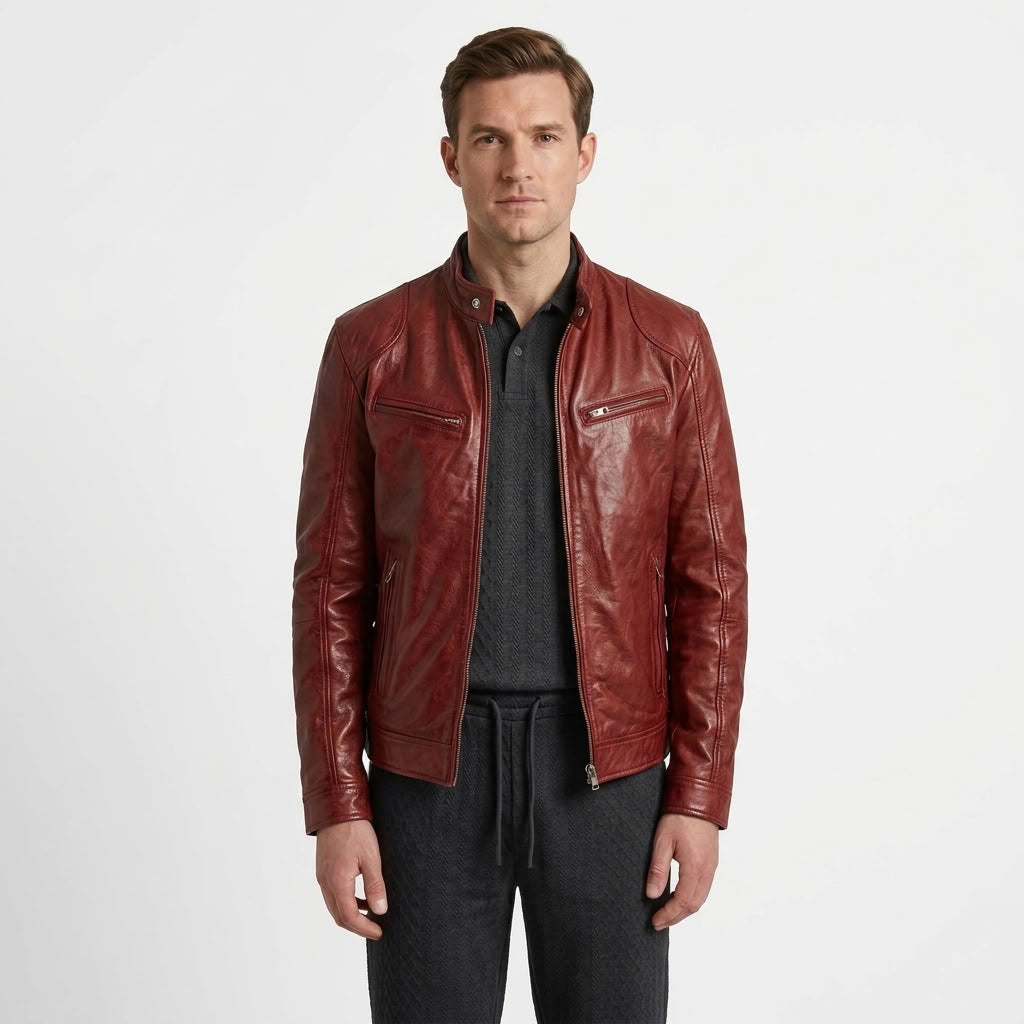 Zip-Up Biker Jacket With Pockets For Men