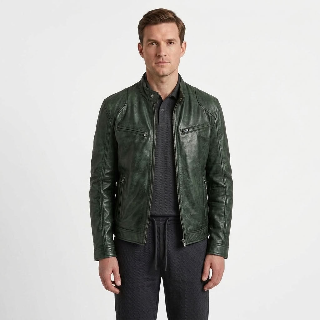Zip-Up Biker Jacket With Pockets For Men