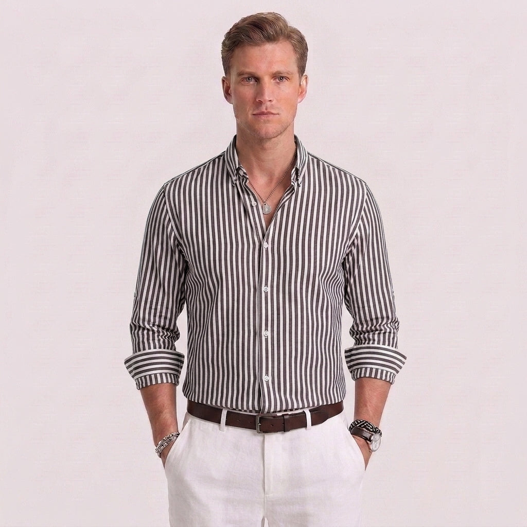 Elegant Striped Button-Up Shirt For Men