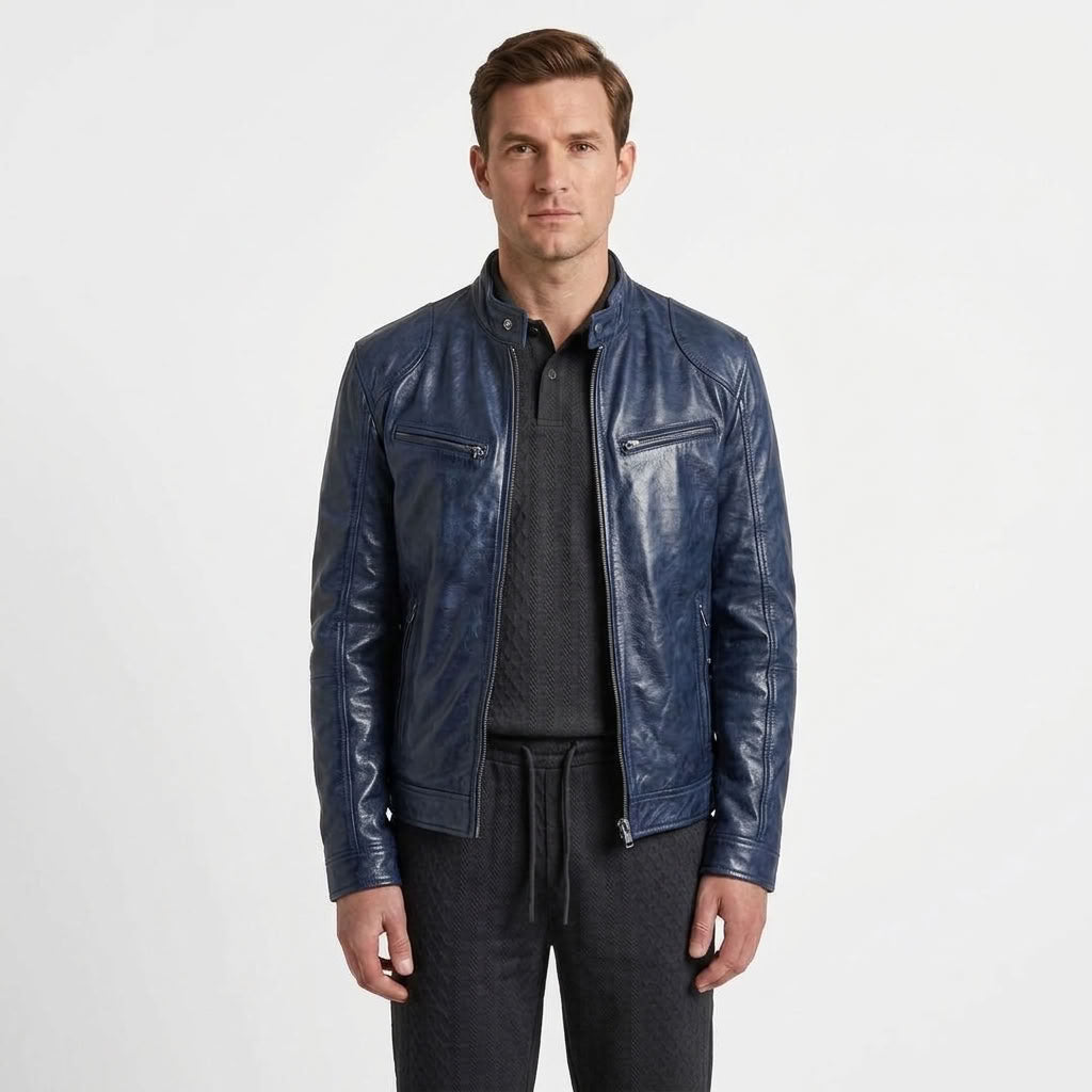 Zip-Up Biker Jacket With Pockets For Men